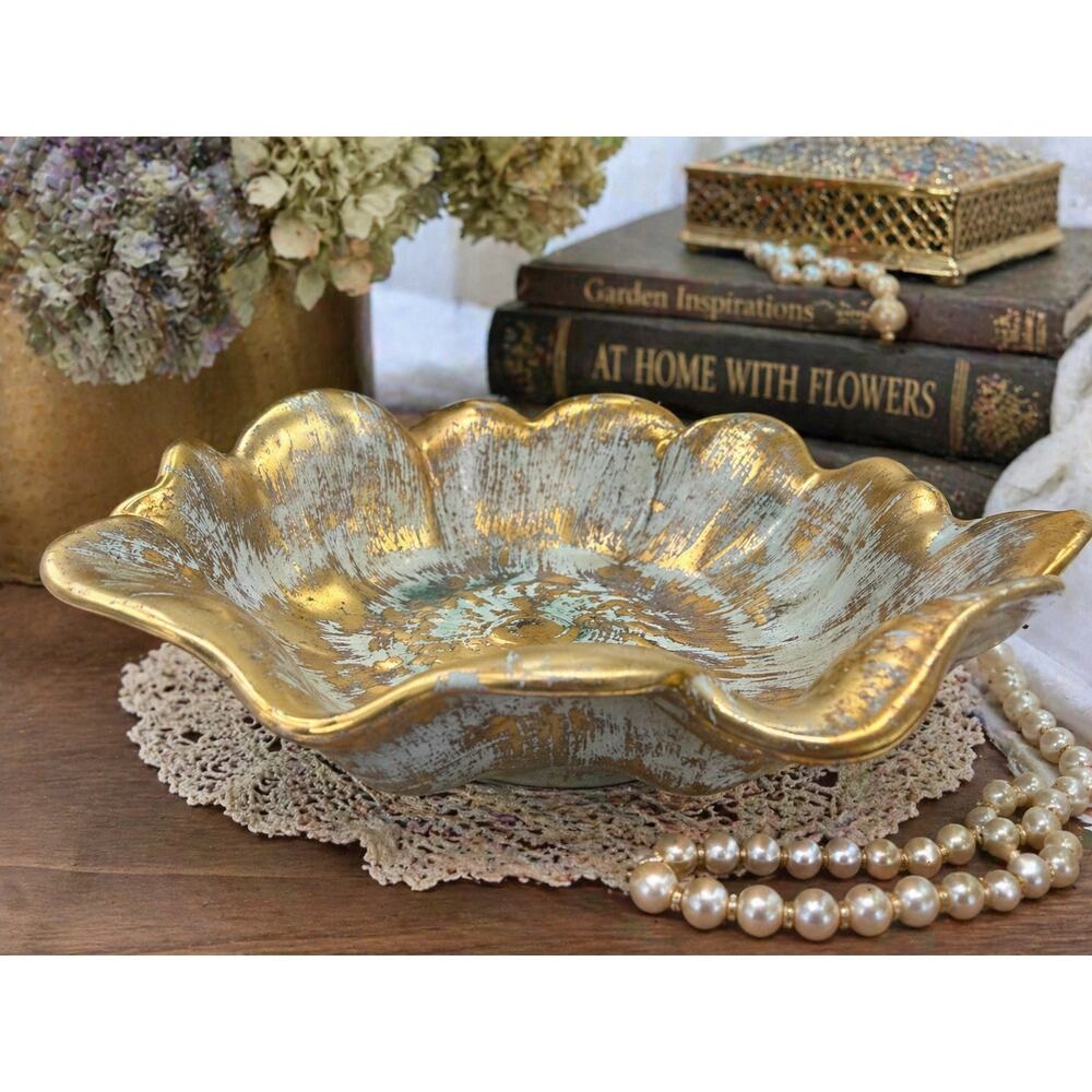 Vintage Stangl Pottery Rose Bowl 22K Gold Pale Green Flower Dish 3410
